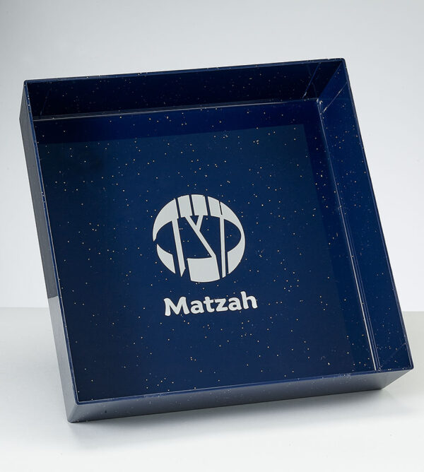 Square Navy PS Matzah Tray With Silver Glitter