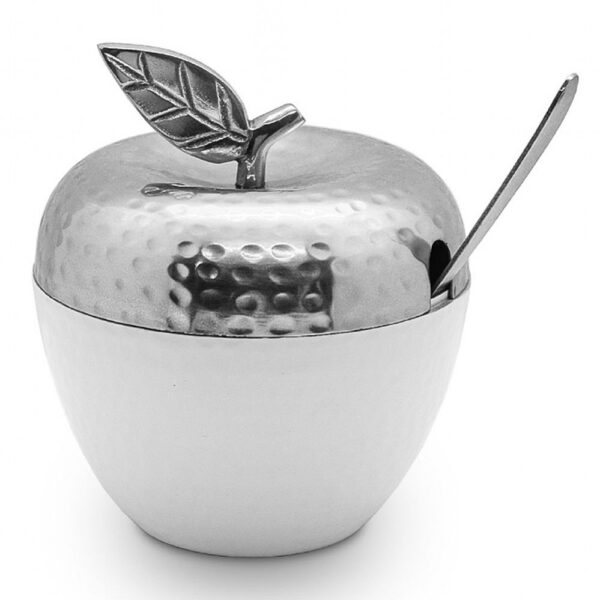 Apple Shaped Honey Dish and Spoon - Silver Hammered Lid