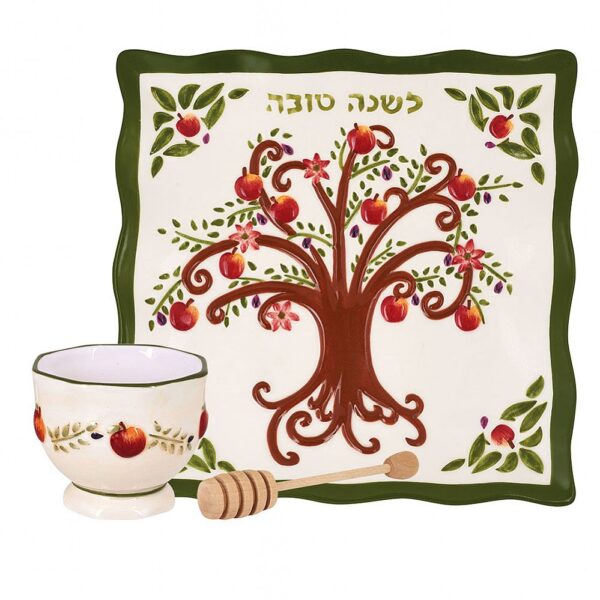 Ceramic Tree of Life Apple Plate with Honey Bowl and Dipper